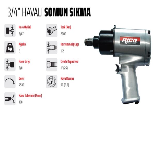 Rico 3/4 Çift Çekiç Havalı Somun Sökme Sıkma Seti 1300Nm - 022-Rc4086