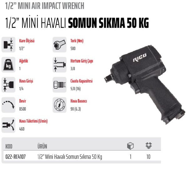 Rico1/2 Mini Havalı Somun Sökme Sıkma 500Nm - 022-Rc4107