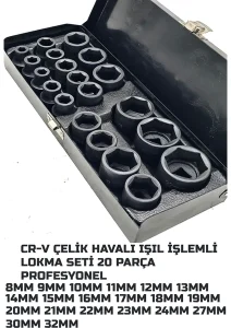 1/2 Havalı Kısa Lokma Takımı Siyah Darbeli Lokma Seti 20 Parça - Hpt20